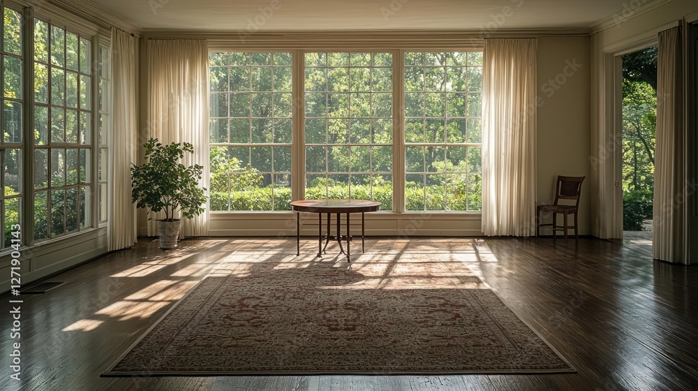 Fototapeta premium Sunlit Room with Large Windows and Ornate Carpet