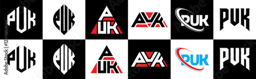 PUK letter logo design in six style. PUK polygon, circle, triangle, hexagon, flat and simple style with black and white color variation letter logo set in one artboard. PUK minimalist and classic logo