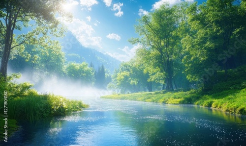 Serene river flowing through a lush green forest with mist rising and mountains in the background