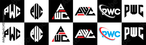 PWC letter logo design in six style. PWC polygon, circle, triangle, hexagon, flat and simple style with black and white color variation letter logo set in one artboard. PWC minimalist and classic logo