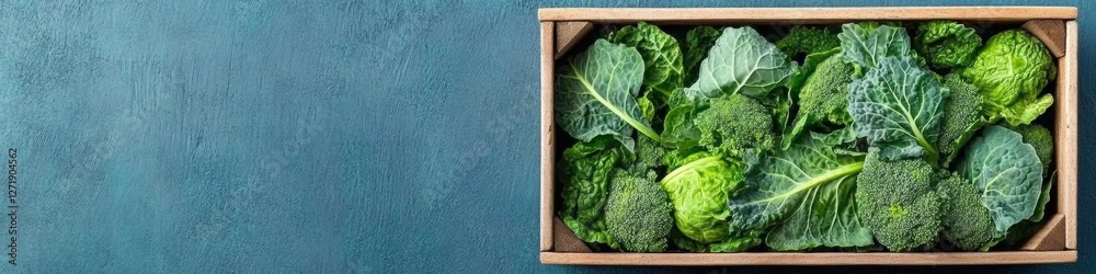 Rustic Farm-to-Table Aesthetic Wooden Crate with Organic Leafy Greens on Textured Backdrop - Sustainable Food Content and Eco-Conscious Grocery Marketing