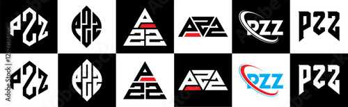 PZZ letter logo design in six style. PZZ polygon, circle, triangle, hexagon, flat and simple style with black and white color variation letter logo set in one artboard. PZZ minimalist and classic logo