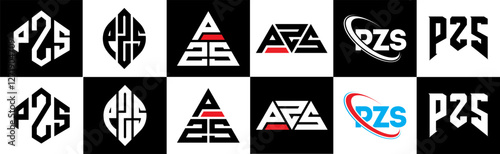 PZS letter logo design in six style. PZS polygon, circle, triangle, hexagon, flat and simple style with black and white color variation letter logo set in one artboard. PZS minimalist and classic logo