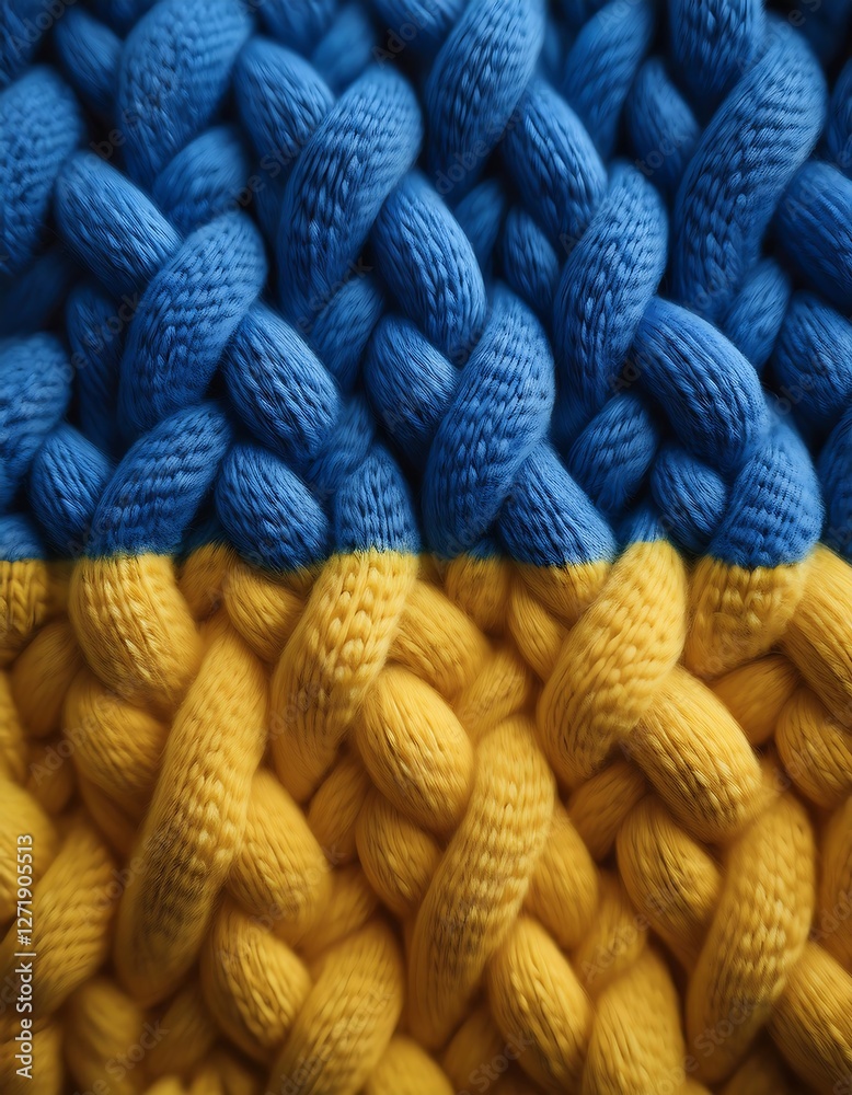 Close-Up of Ukrainian Blue and Yellow Knitted Textures with Cable Ukraine colors Patterns. Ai Generated