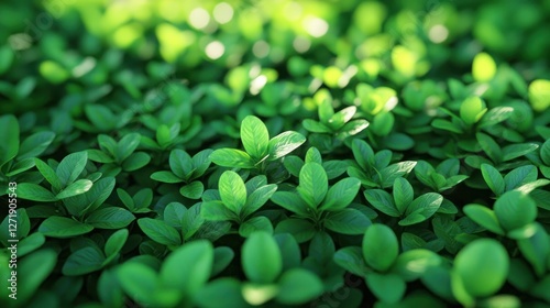 Lush green leaves, sunlight filters through foliage, close-up view, nature background