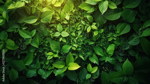 Wallpaper Mural Lush green leaves, sunlight filtering through foliage, nature background, vibrant colors Torontodigital.ca