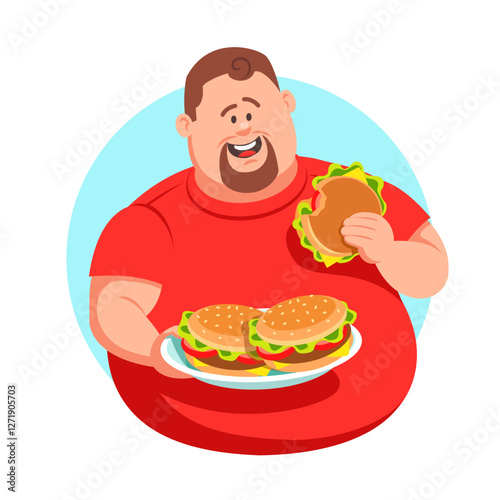 Happy overweight man eating delicious burgers – vector illustration of fast food and overeating concept