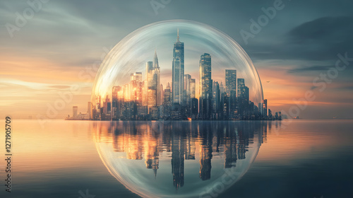 futuristic city protected by giant dome reflects in calm waters, showcasing modern skyscrapers and serene sunset. scene evokes sense of wonder and innovation
