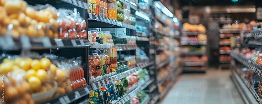 Fototapeta premium A vibrant display of fresh fruits and vegetables neatly arranged on supermarket shelves, showcasing a variety of colors and textures, inviting healthy choices for shoppers.