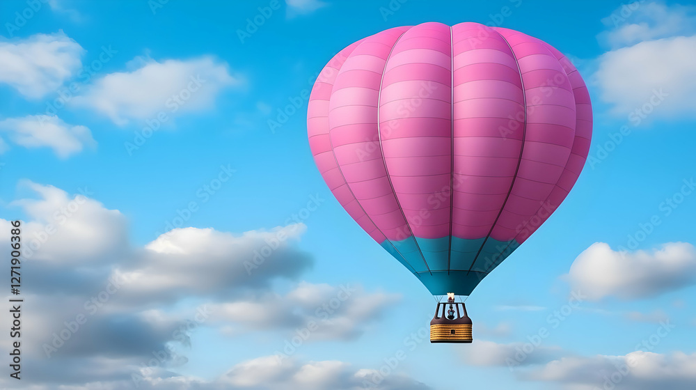 Obraz premium Pink and blue hot air balloon floating high in a bright blue sky filled with soft white clouds.