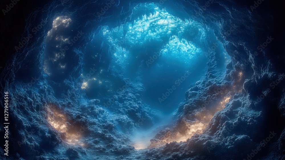Fototapeta premium A mesmerizing underwater scene illuminated by ethereal blue light, revealing swirling patterns and hints of distant celestial bodies.