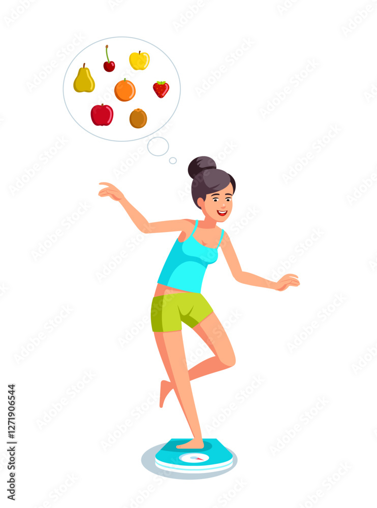 Young woman in sportswear stepping on a scale, thinking about healthy eating – vector illustration Young woman in sportswear stepping on a scale, thinking about healthy eating – vector illustration