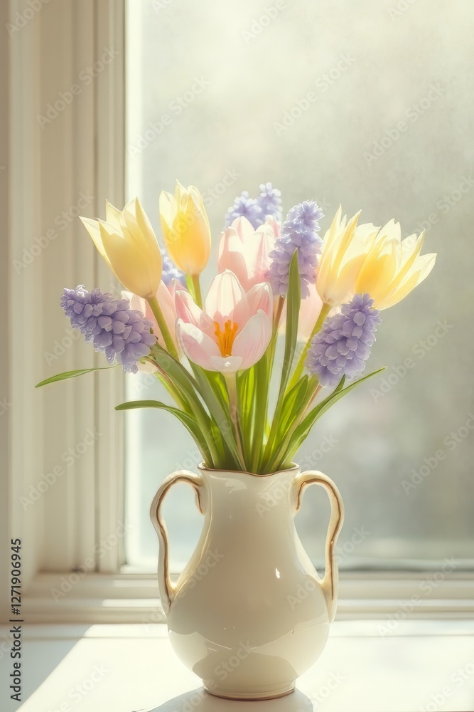 custom made wallpaper toronto digitalA delicate pastel-hued bouquet of soft pink crocuses, baby blue hyacinths , and pale yellow tulips, artfully arranged in a vintage-inspired ceramic vase against a creamy white background. The flowers 