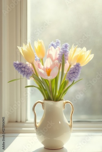 Wallpaper Mural A delicate pastel-hued bouquet of soft pink crocuses, baby blue hyacinths , and pale yellow tulips, artfully arranged in a vintage-inspired ceramic vase against a creamy white background. The flowers  Torontodigital.ca