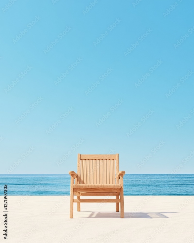 Fototapeta premium Minimalist Coastal Retreat Wooden Lounger on Pristine Sand with Ocean Backdrop - Modern Lifestyle Marketing and Premium Tourism Content for Relaxation