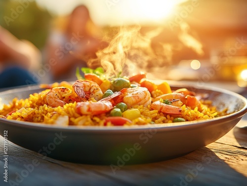 Rustic Mediterranean Communal Dining Colorful Paella Dish on Wooden Table - Cultural Gastronomy Experience for Culinary Tourism and Family-Oriented Brand Promotion