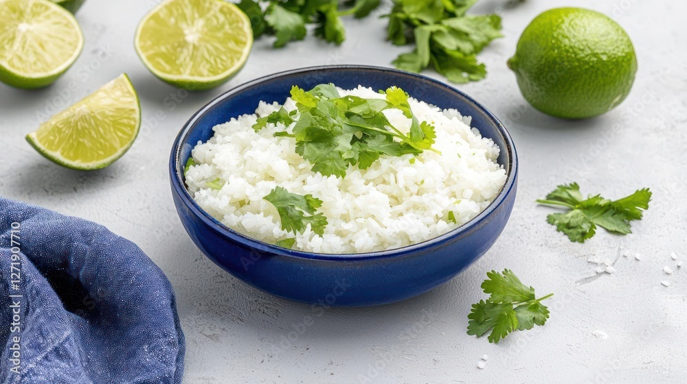 White Rice with Lime and Cilantro in Blue Bowl White Rice with Lime and Cilantro in Blue Bowl
