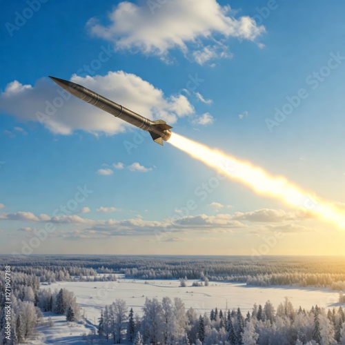 A view of a ballistic missile flying through the sky