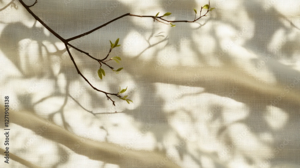 Naklejka premium Branch with sprouting leaves casts soft shadows on textured fabric