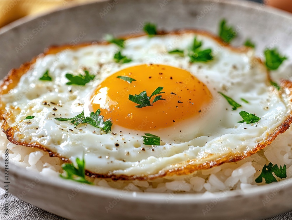 Grilling Overeasy Eggs atop White Rice in a Cozy Kitchen Setting Grilling Overeasy Eggs atop White Rice in a Cozy Kitchen Setting