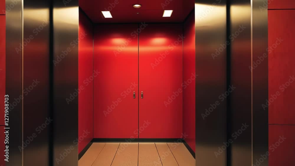 Red elevator door opened to corridor with big doors 