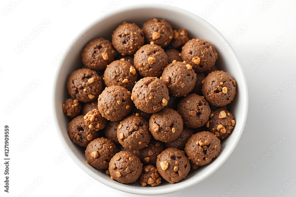 Bowl of Chocolate Breakfast Cereal Balls Isolated on White Background Bowl of Chocolate Breakfast Cereal Balls Isolated on White Background