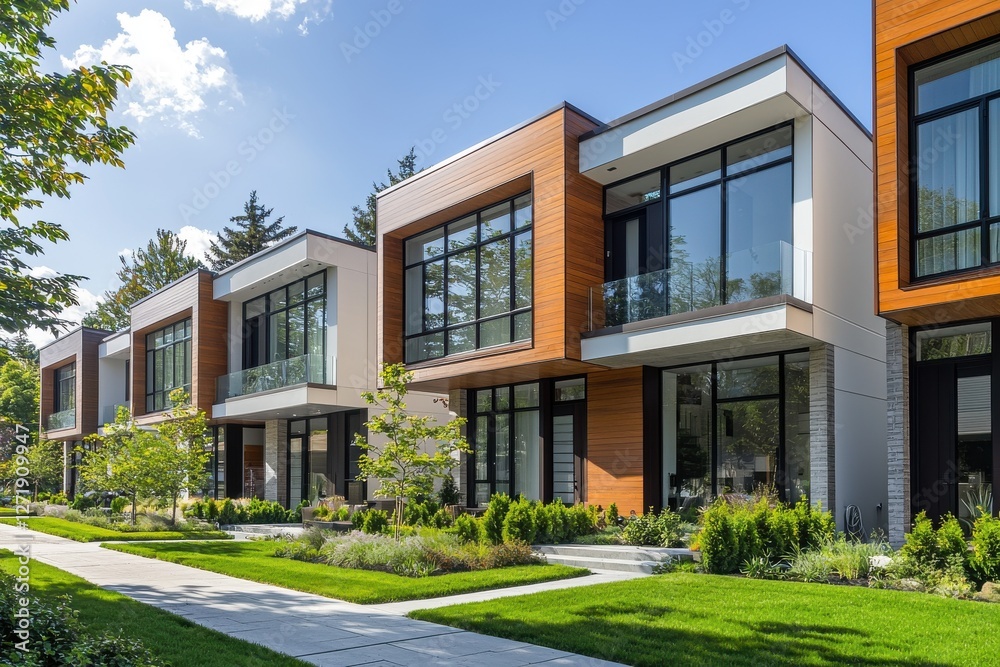 Contemporary townhouses showcase modern architecture with wood and white accents, large windows, and lush green lawns on a sunny day in a residential area. Contemporary townhouses showcase modern architecture with wood and white accents, large windows, and lush green lawns on a sunny day in a residential area.