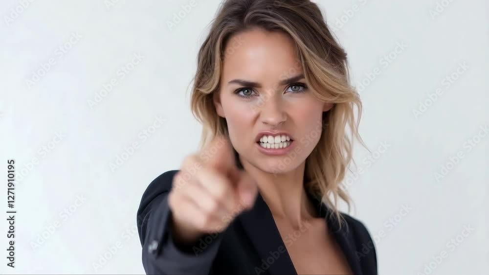 businesswoman points finger at camera