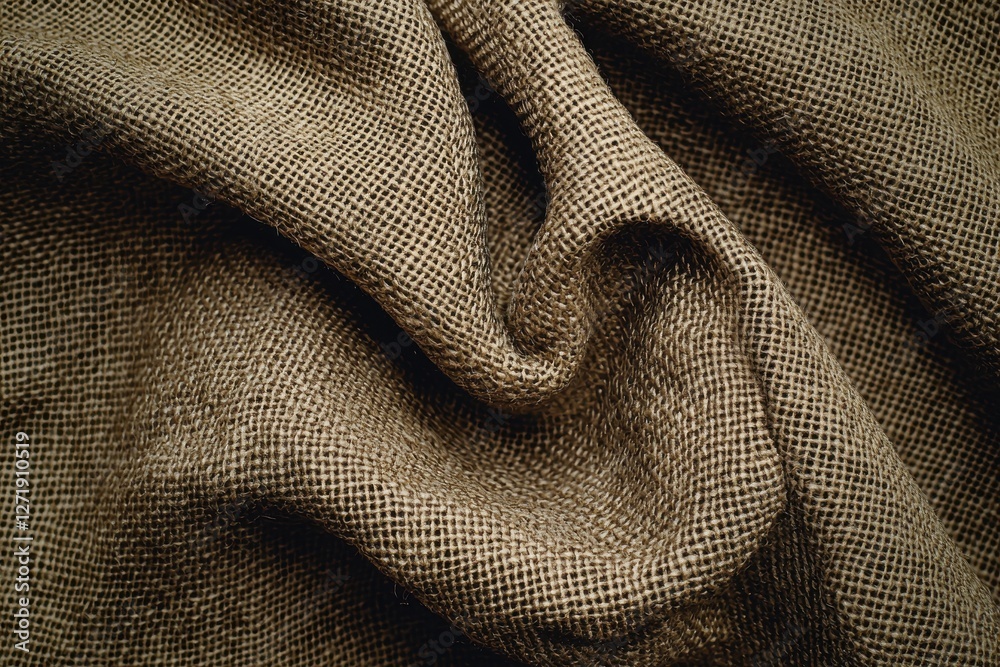 Fototapeta premium Close-up detail of a textured brown burlap fabric, with natural folds and patterns adding depth, conveying rustic elegance and organic warmth perfectly.