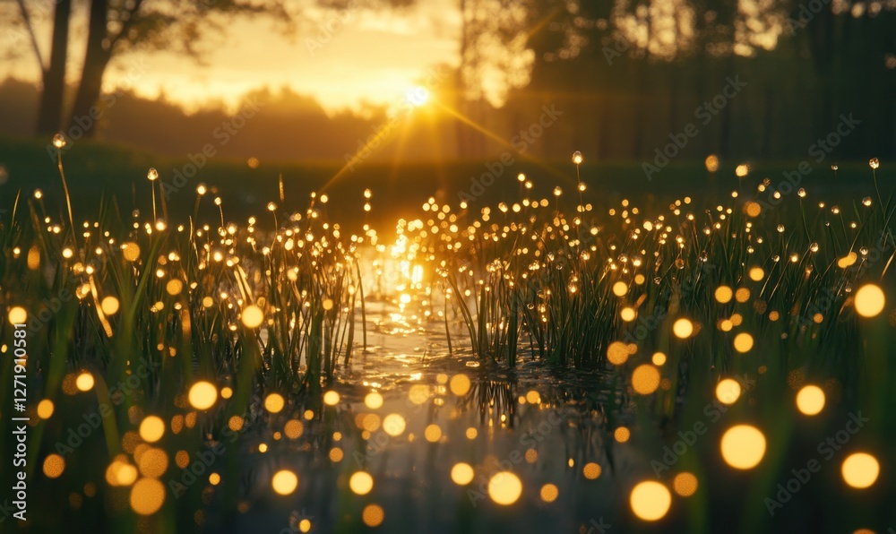 Obraz premium Serene sunset over a tranquil lake surrounded by glowing grass and shimmering lights