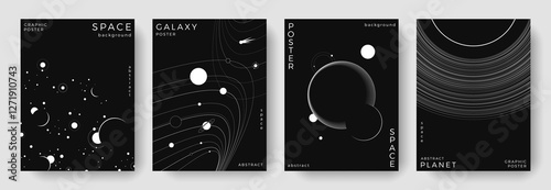 Set of abstract space astronomy backgrounds. Line art galaxy, solar system, planet, black hole. Science future concept. Cosmic minimalist design for cover, poster, layout, banner, flyer, brochure