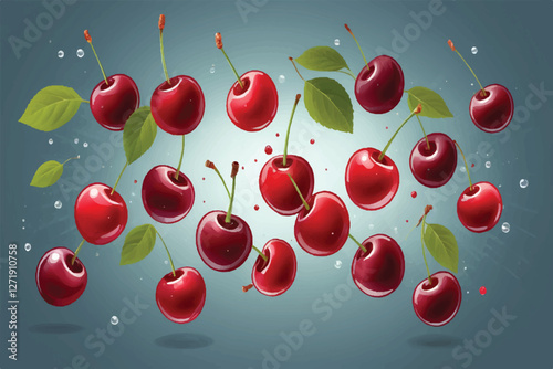 Cherries floating in the air, isolated on transparent background