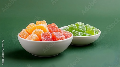 Colorful Cubes of Jellies and Candies in White Bowls on Green Background