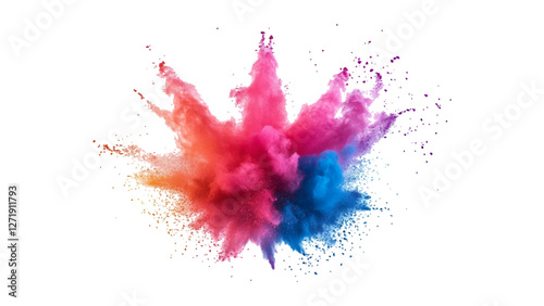 Abstract colorful holi paint powder festival explosion burst on transparent background. Explosive burst of multicolored powder spreading in all directions on a white background, 