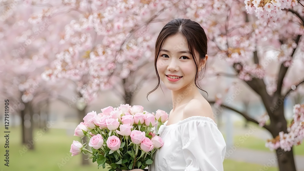 A feminine aesthetic portrait young woman smiling, holding a bouquet of roses, standing outdoors in spring nature with blooming cherry blossoms in the background A feminine aesthetic portrait young woman smiling, holding a bouquet of roses, standing outdoors in spring nature with blooming cherry blossoms in the background