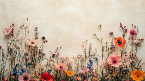 Fototapeta Naklejka Na Ścianę i Meble -  Assorted colorful wildflowers are arranged in a floral border