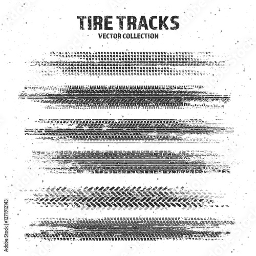 Grunge tire tracks with mud splatters, dirty wheel braking marks. Truck, car, or motorcycle tread pattern silhouettes. Perfect for off-road, motorsport, and racing designs. Vector illustration