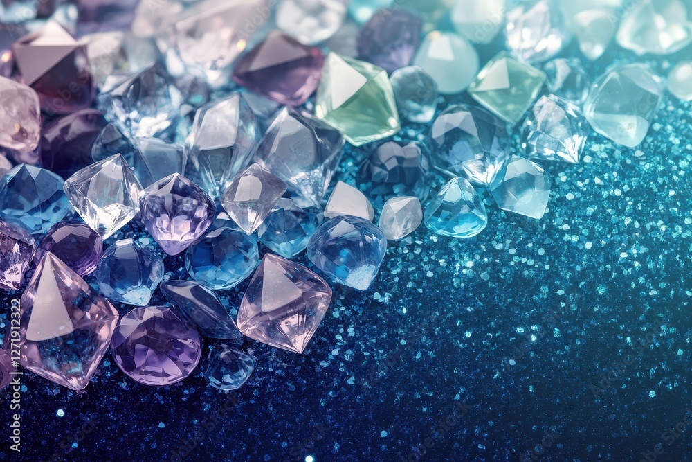 Faceted colorful gemstones sparkle against a glittery blue background Faceted colorful gemstones sparkle against a glittery blue background