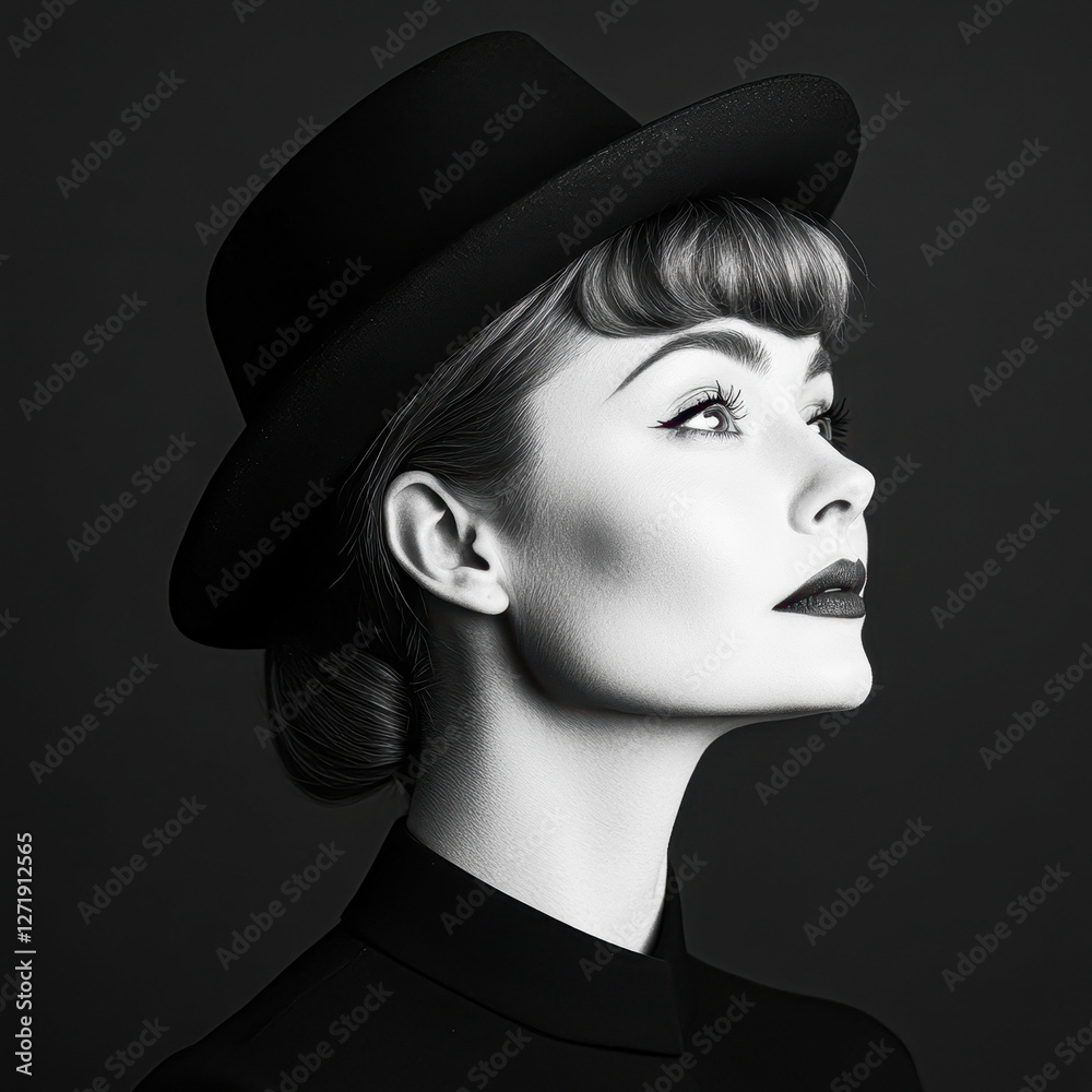 Dramatic profile of a woman in a black hat elegant fashion Dramatic profile of a woman in a black hat elegant fashion