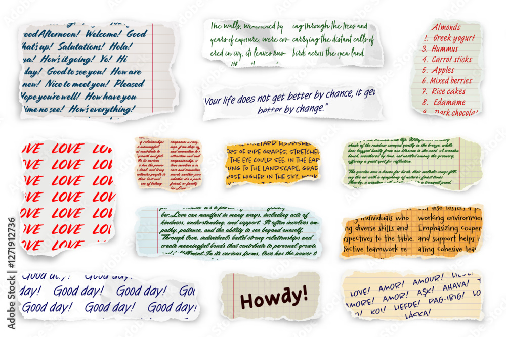 Naklejka premium Ripped paper strips with handwritten text. Realistic crumpled paper scraps with torn edges. Shreds of notebook, book or old newspaper pages. Trendy collage elements. Vector illustration
