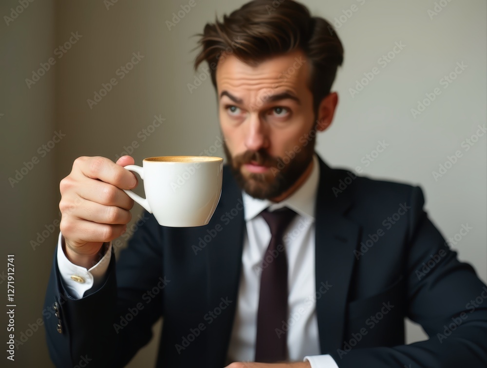 Businessman holding a tiny espresso cup with serious expression Businessman holding a tiny espresso cup with serious expression