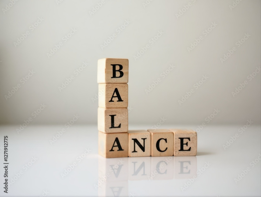 Wooden cubes spelling balance on reflective surface Wooden cubes spelling balance on reflective surface