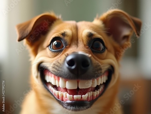 Funny dog showing big teeth smiling and making a goofy face