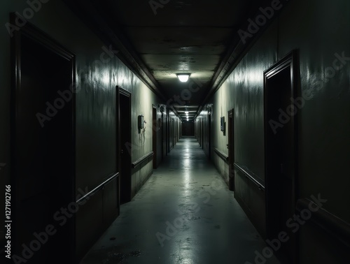 Long dark spooky corridor creating a creepy atmosphere photo