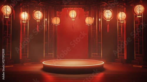 Auspicious Asian Ambience with Glowing Lanterns and Platform Stage photo