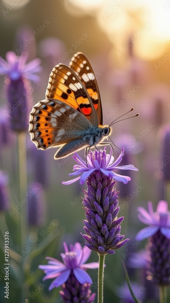 Butterfly resting on lavender flower at sunset in blooming garden Butterfly resting on lavender flower at sunset in blooming garden