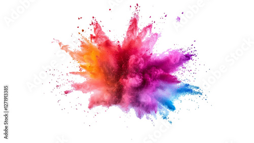 A vibrant explosion of colorful powder on a white background, explosion of colored powder against a white background, creating a vibrant abstract effect.