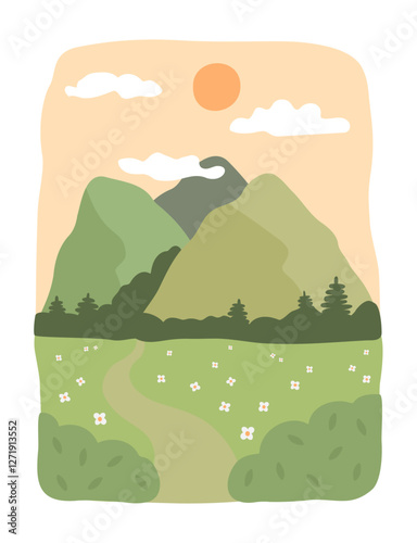 Beautiful nature. Cartoon mountains. Vector vertical landscape illustration. Template for greeting card or poster. 