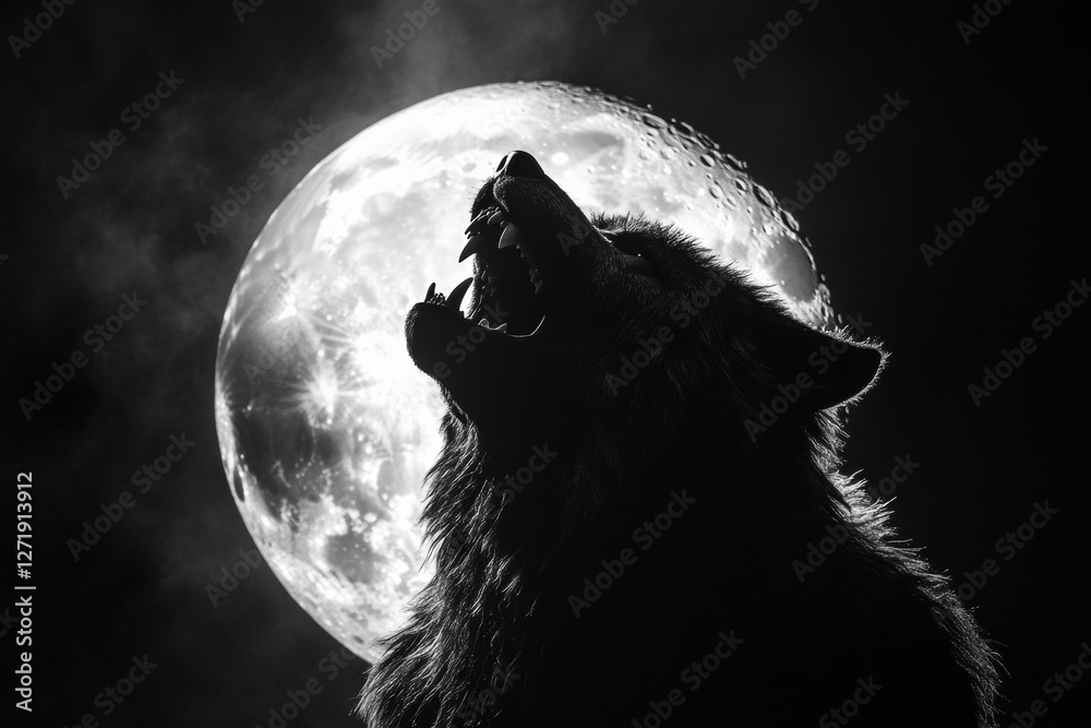 Howling werewolf silhouette night sky black and white art mysterious dramatic