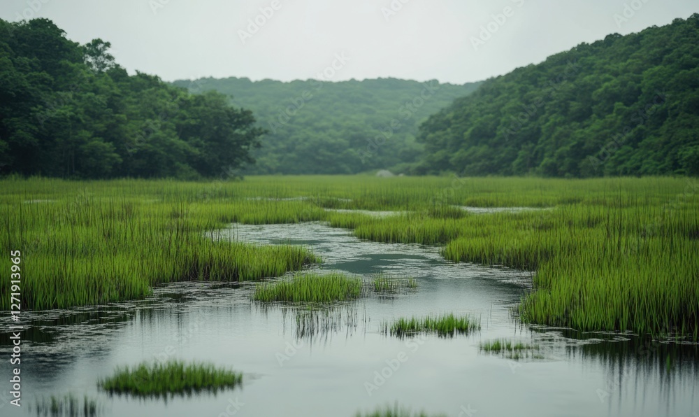 Serene wetland landscape with lush greenery and calm waters reflecting the overcast sky Serene wetland landscape with lush greenery and calm waters reflecting the overcast sky